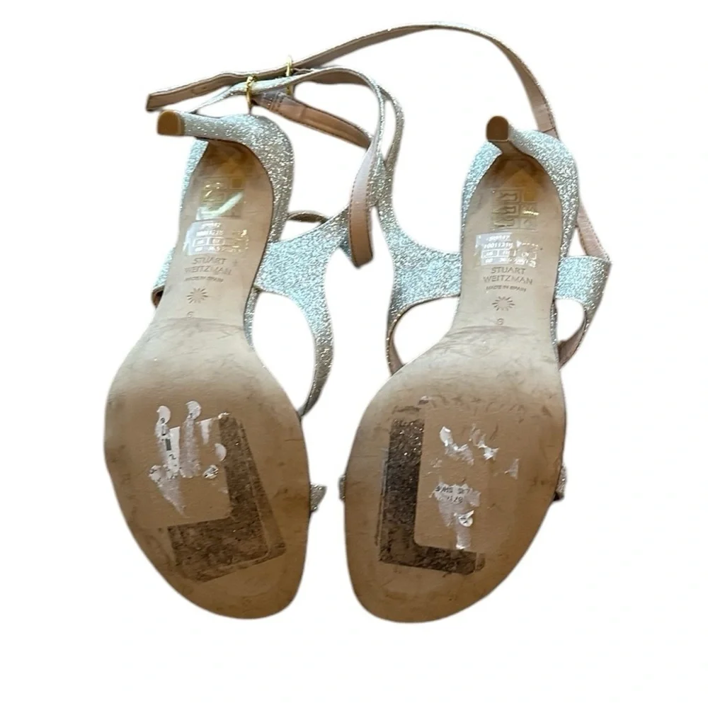 Stuart Weitzman ALIGN 95 Silver Sparkle Strappy Heels | Minimalist Nudist Style - Picture 11 of 11